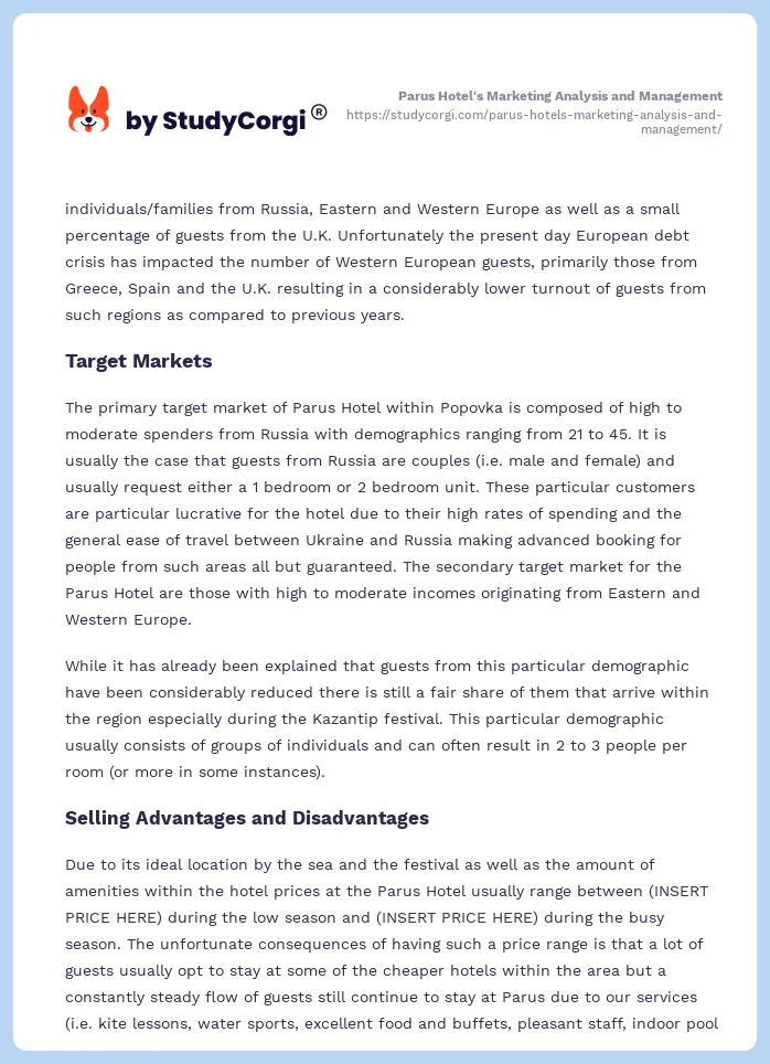 Parus Hotel's Marketing Analysis and Management. Page 2