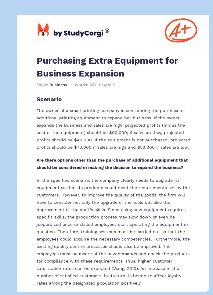 Purchasing Extra Equipment for Business Expansion. Page 1