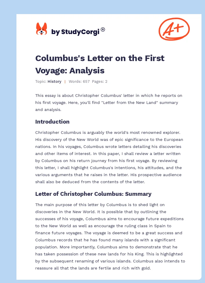 Columbus's Letter on the First Voyage: Analysis. Page 1