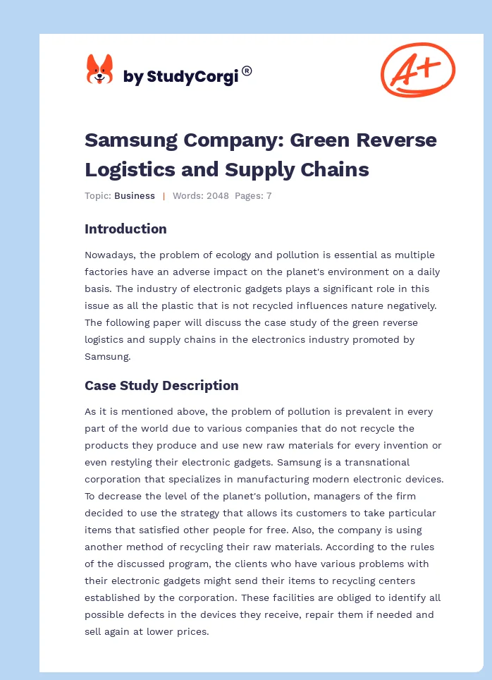 Samsung Company: Green Reverse Logistics and Supply Chains. Page 1