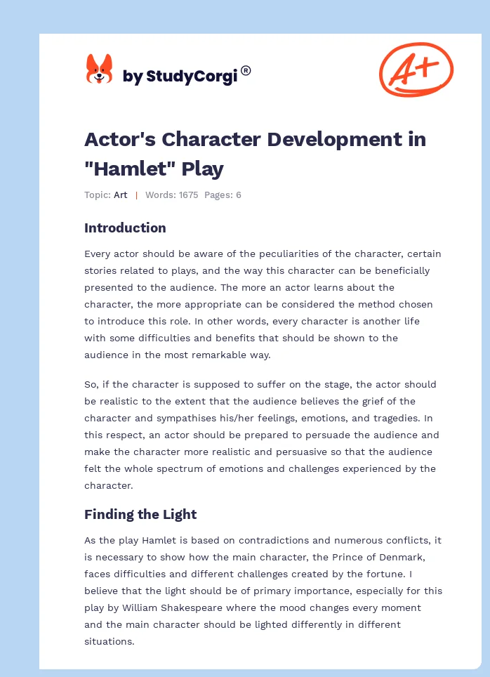 Actor's Character Development in "Hamlet" Play. Page 1