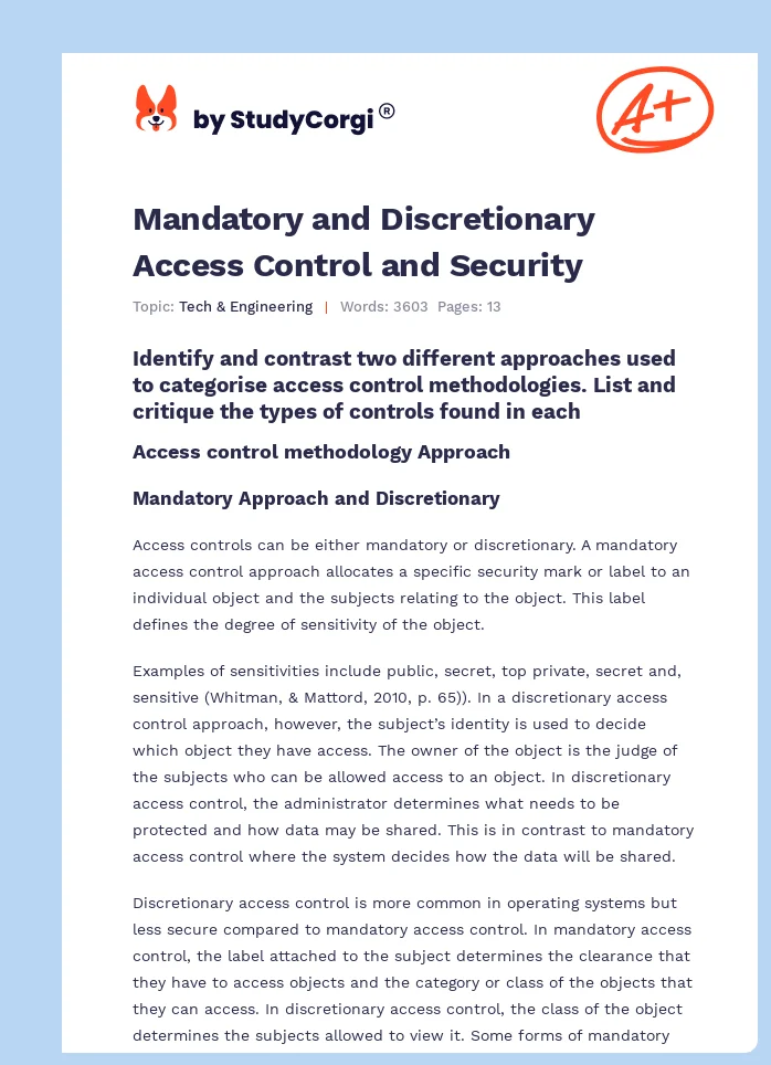 Mandatory and Discretionary Access Control and Security. Page 1