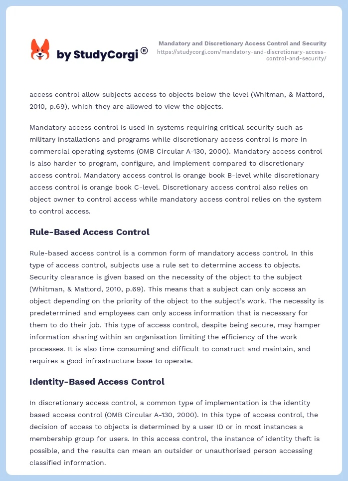 Mandatory and Discretionary Access Control and Security. Page 2