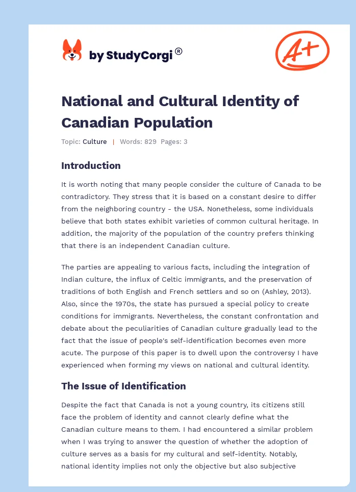 National and Cultural Identity of Canadian Population. Page 1