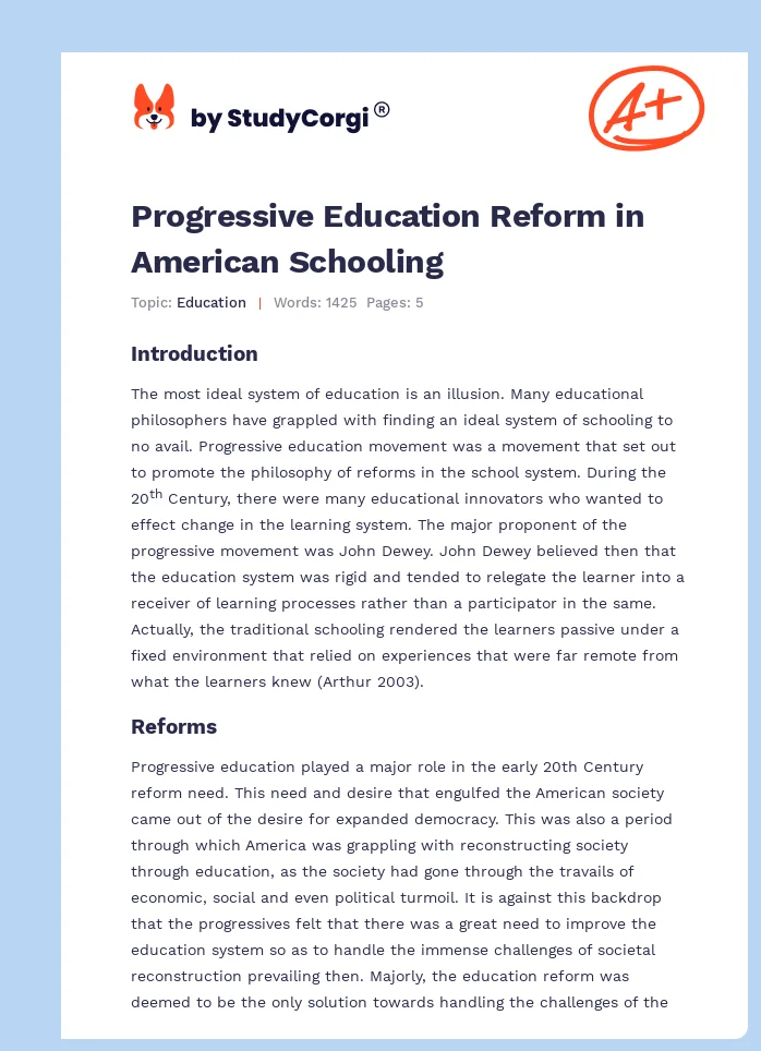 Progressive Education Reform in American Schooling. Page 1