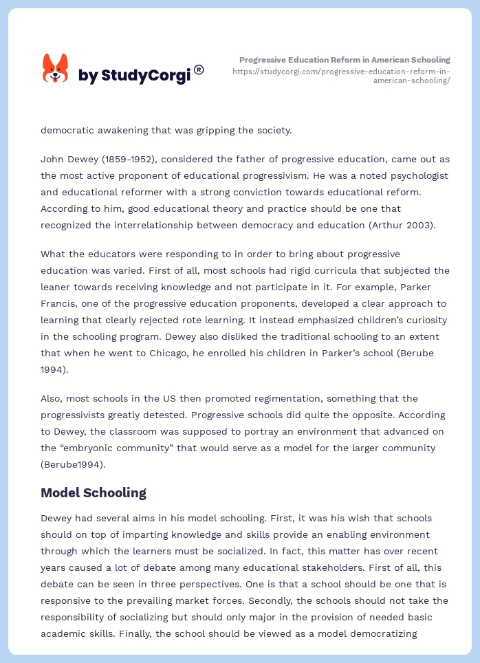 Progressive Education Reform in American Schooling. Page 2