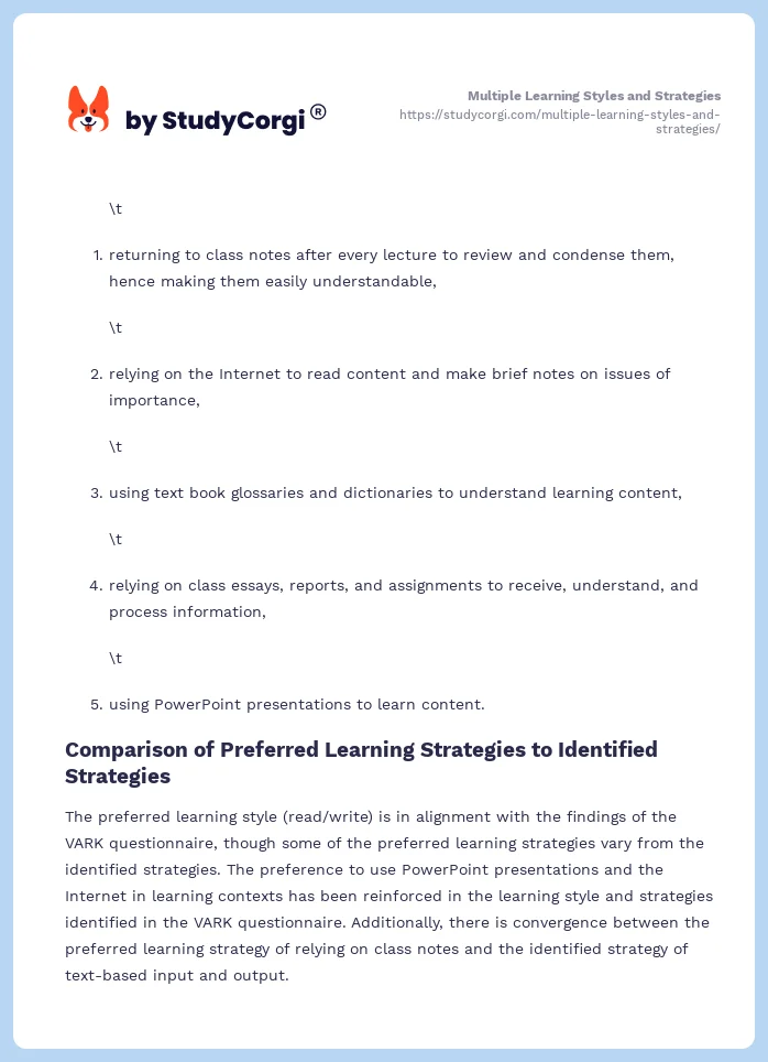 Multiple Learning Styles and Strategies. Page 2
