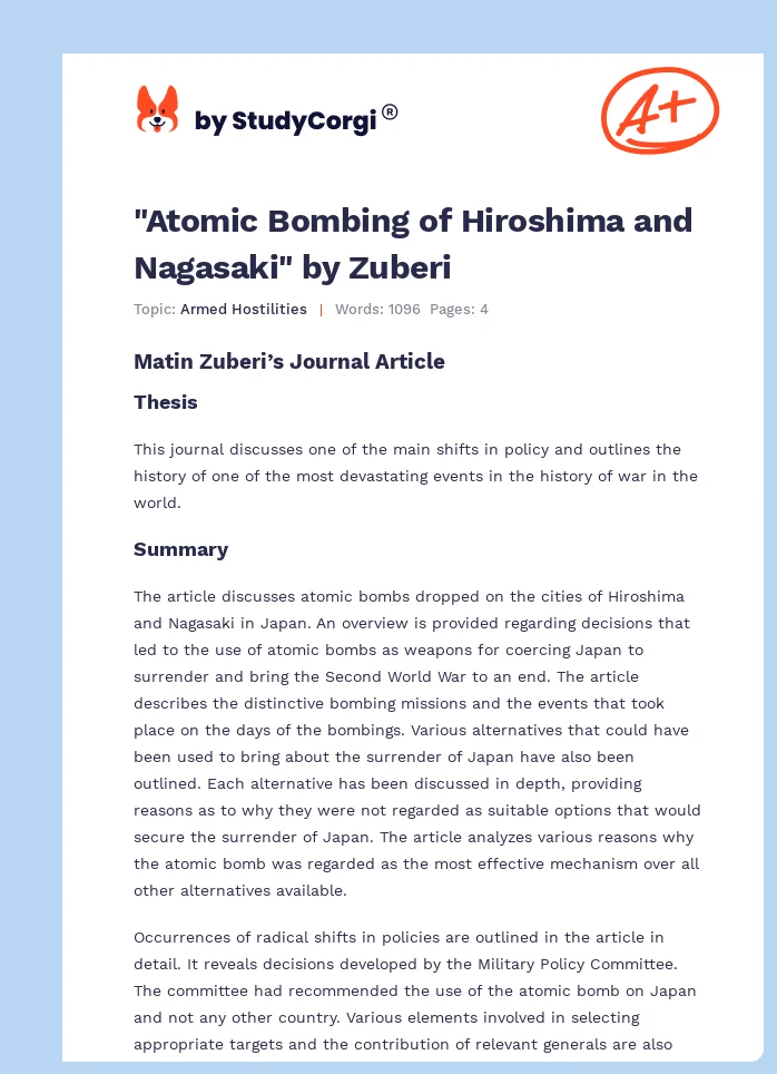 "Atomic Bombing of Hiroshima and Nagasaki" by Zuberi. Page 1