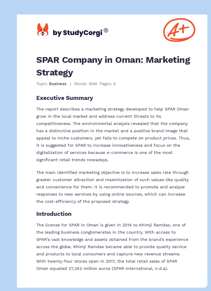 SPAR Company in Oman: Marketing Strategy. Page 1