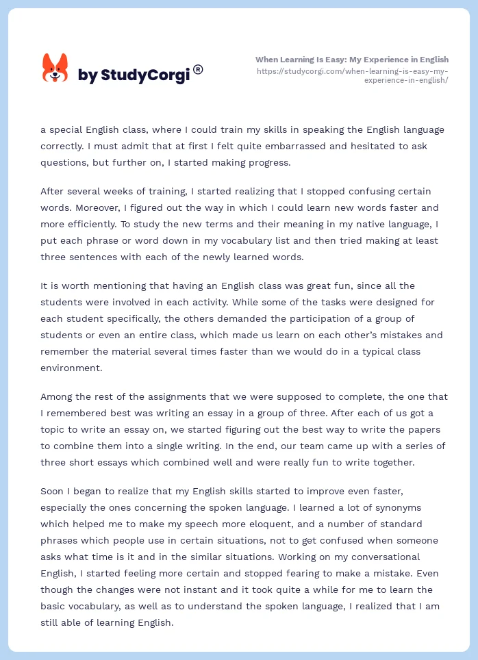 essay about my experience learning english brainly