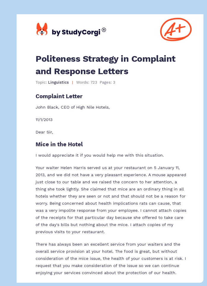 Politeness Strategy in Complaint and Response Letters. Page 1