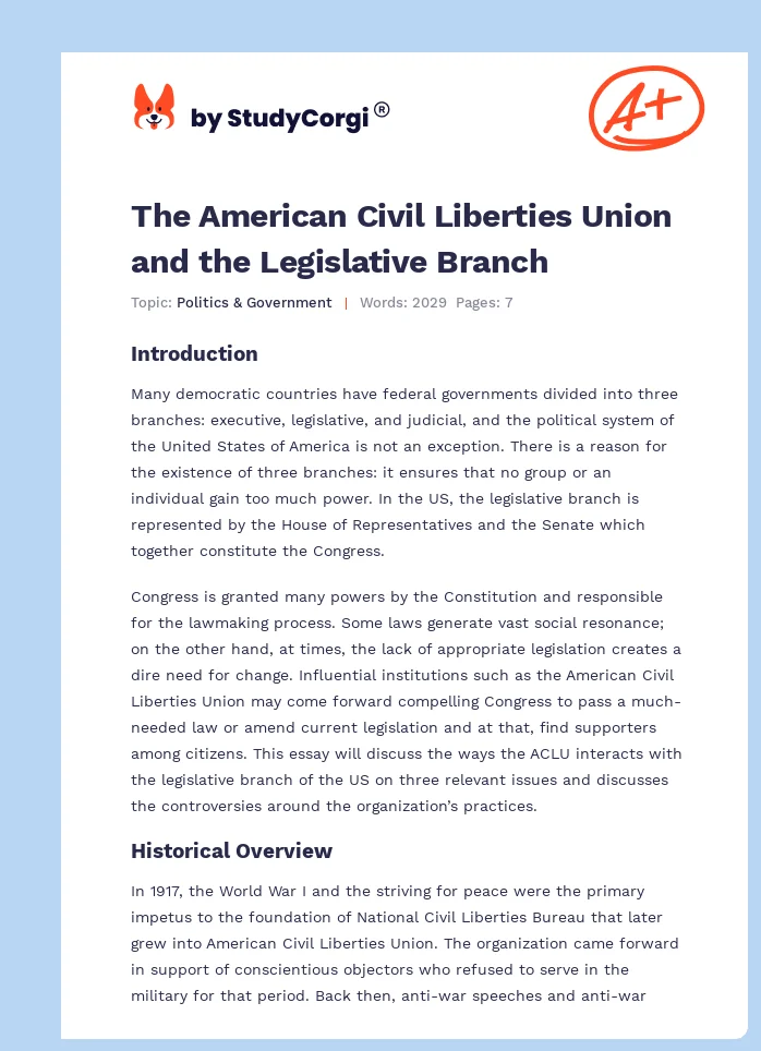 The American Civil Liberties Union and the Legislative Branch. Page 1