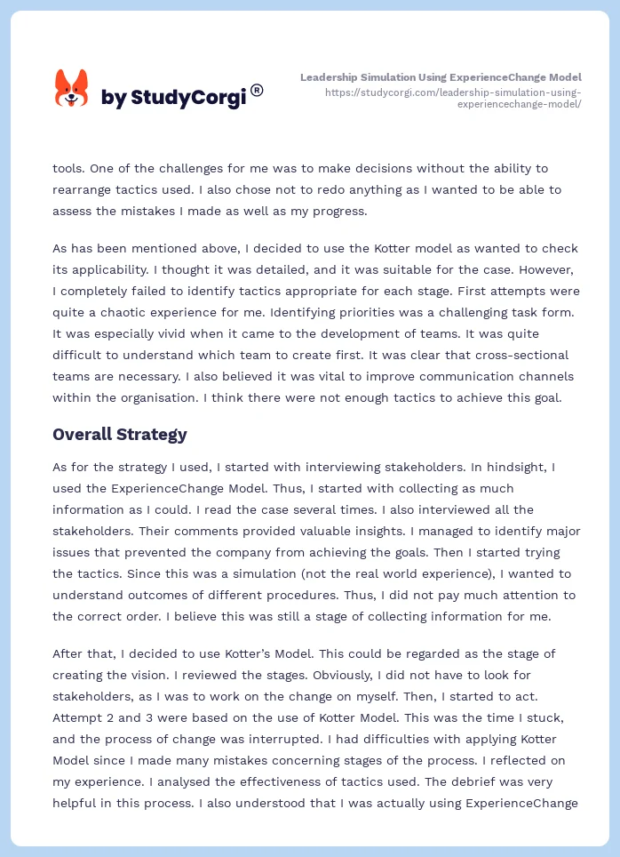 Leadership Simulation Using ExperienceChange Model. Page 2