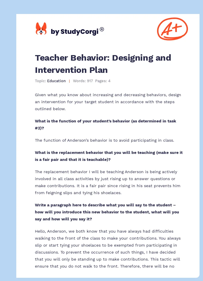 Teacher Behavior: Designing and Intervention Plan. Page 1