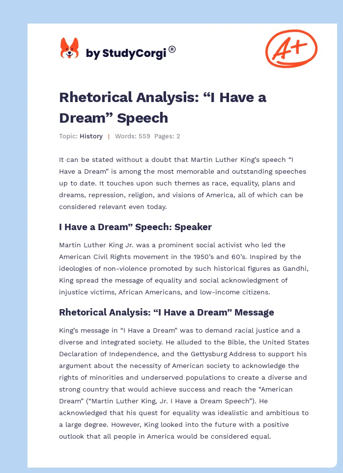 Rhetorical Analysis: “I Have a Dream” Speech. Page 1