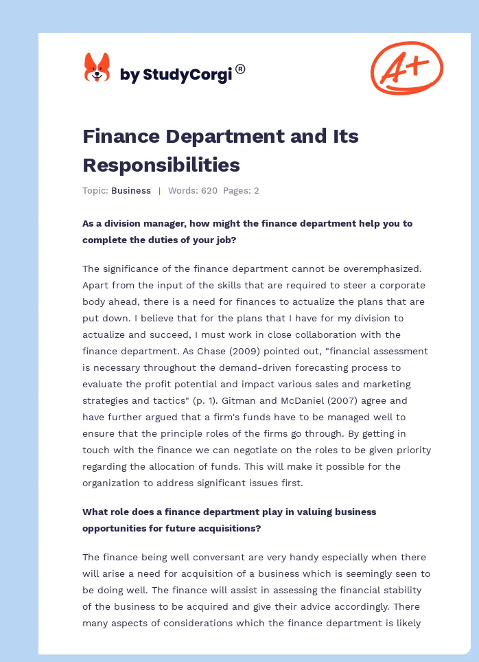 Finance Department and Its Responsibilities. Page 1