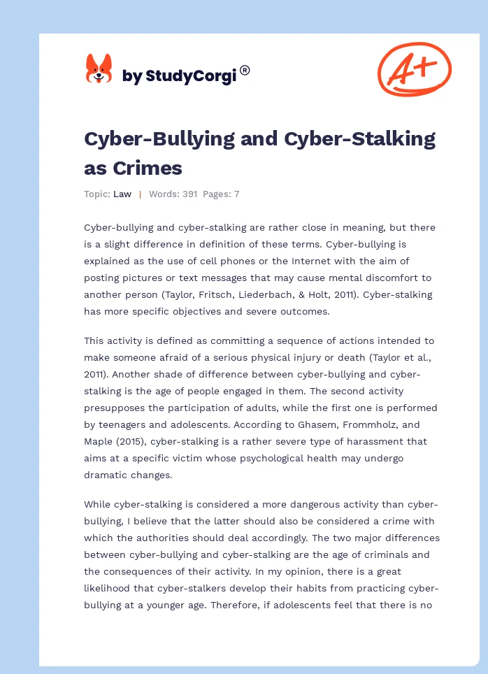 Cyber-Bullying and Cyber-Stalking as Crimes. Page 1