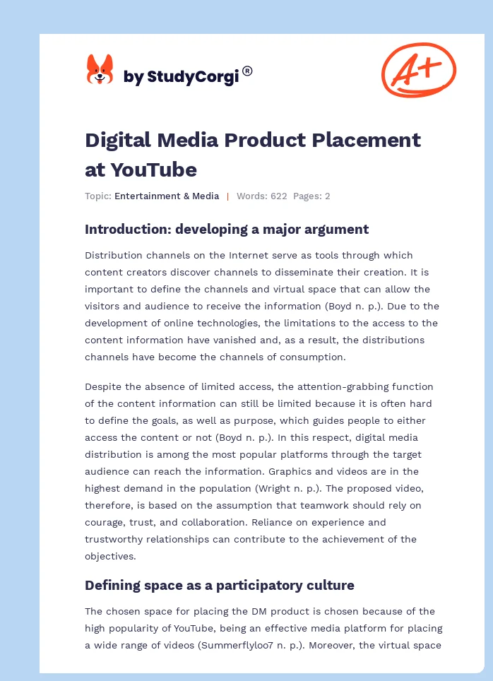 Digital Media Product Placement at YouTube. Page 1