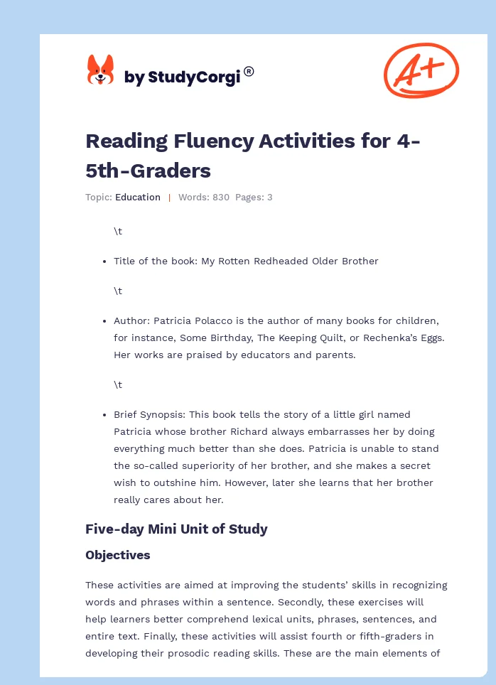 Reading Fluency Activities for 4-5th-Graders. Page 1