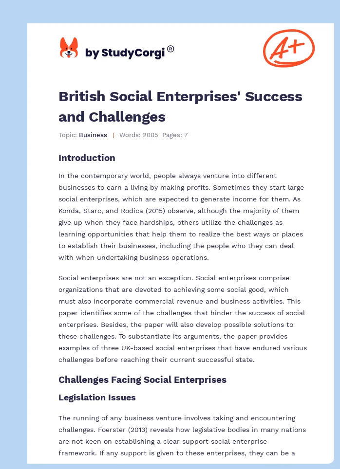 British Social Enterprises' Success and Challenges. Page 1
