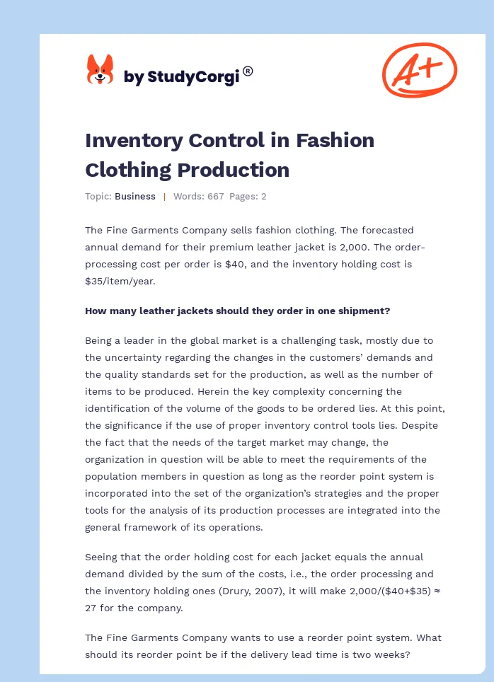 Inventory Control in Fashion Clothing Production. Page 1