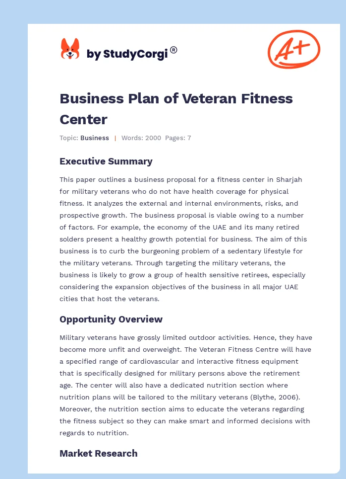 Business Plan of Veteran Fitness Center. Page 1