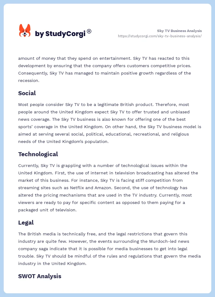 Sky TV Business Analysis. Page 2