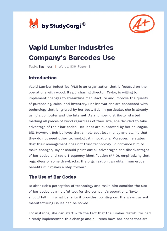Vapid Lumber Industries Company's Barcodes Use. Page 1