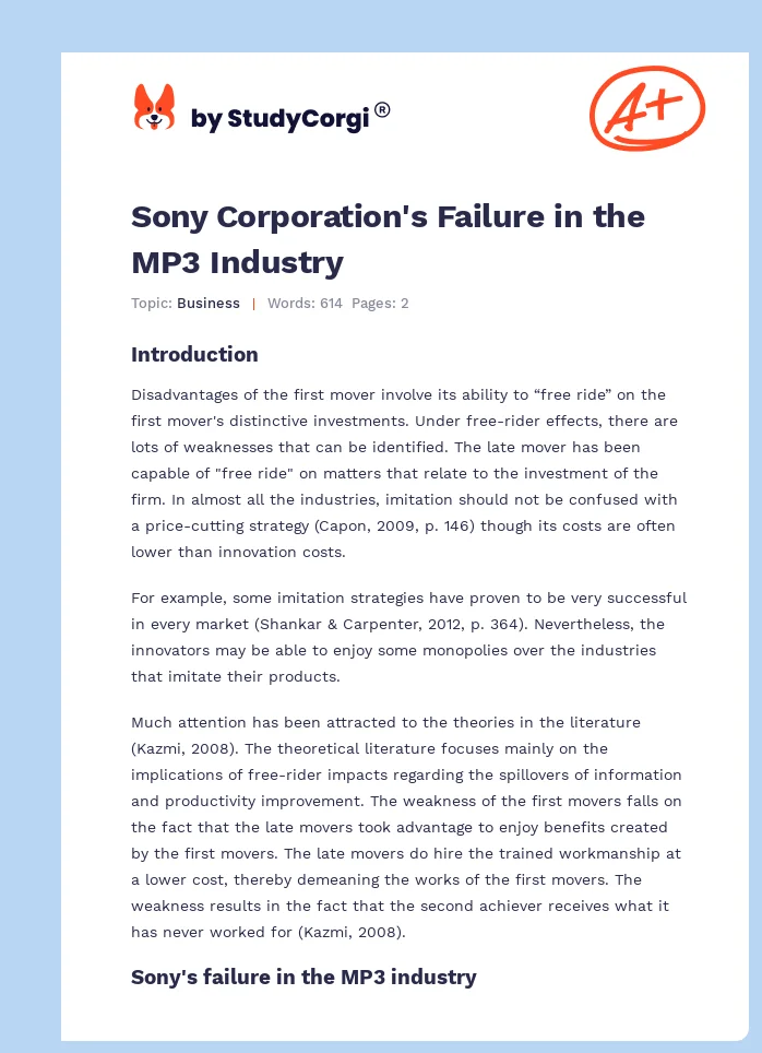 Sony Corporation's Failure in the MP3 Industry. Page 1