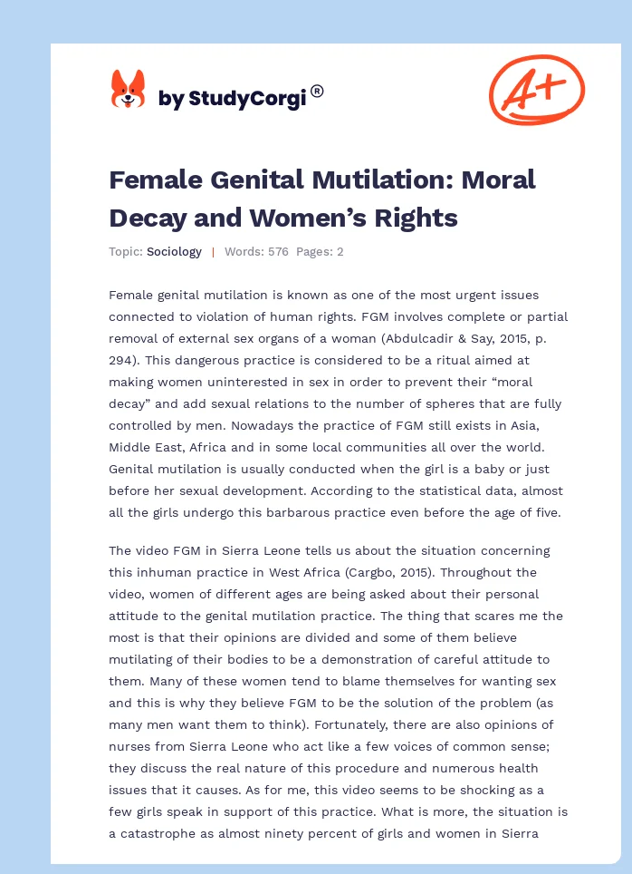 Female Genital Mutilation: Moral Decay and Women’s Rights. Page 1
