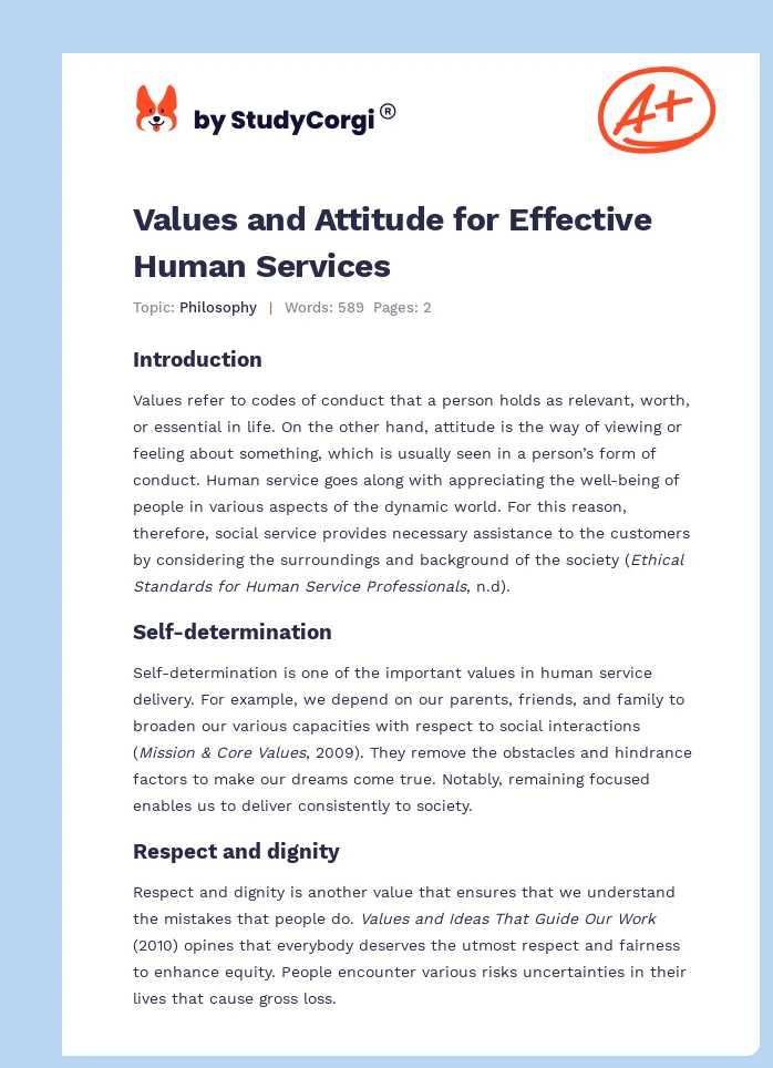 Values and Attitude for Effective Human Services. Page 1