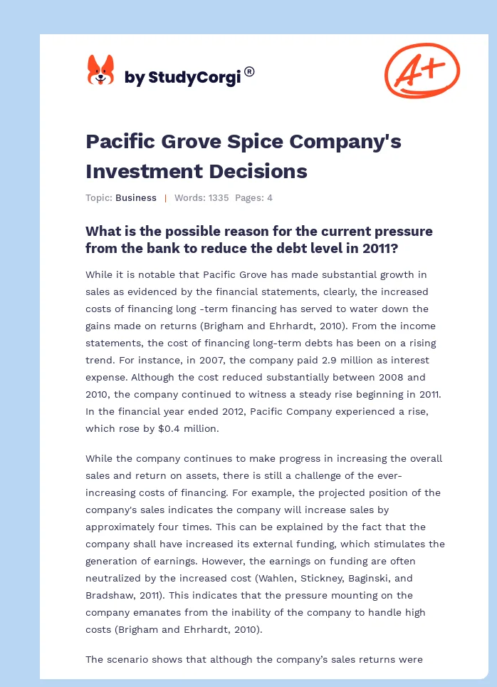 Pacific Grove Spice Company's Investment Decisions. Page 1