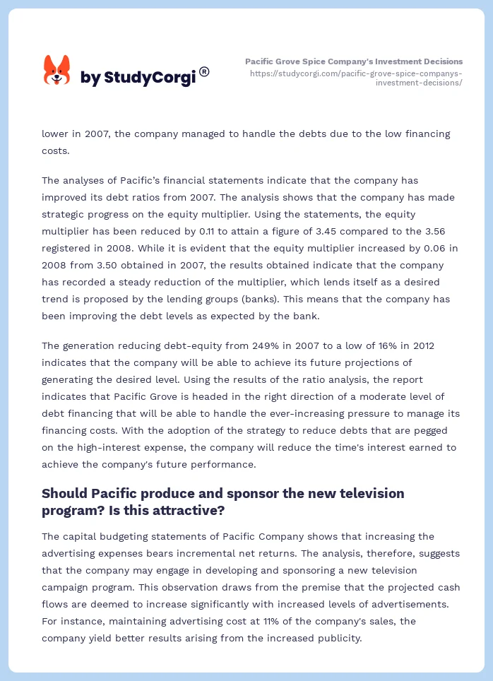 Pacific Grove Spice Company's Investment Decisions. Page 2