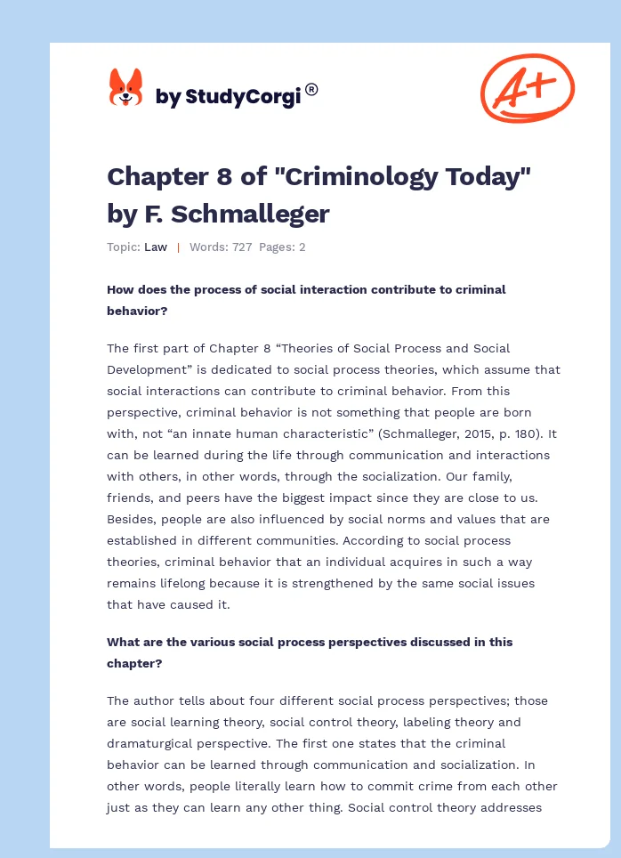 Chapter 8 of "Criminology Today" by F. Schmalleger. Page 1