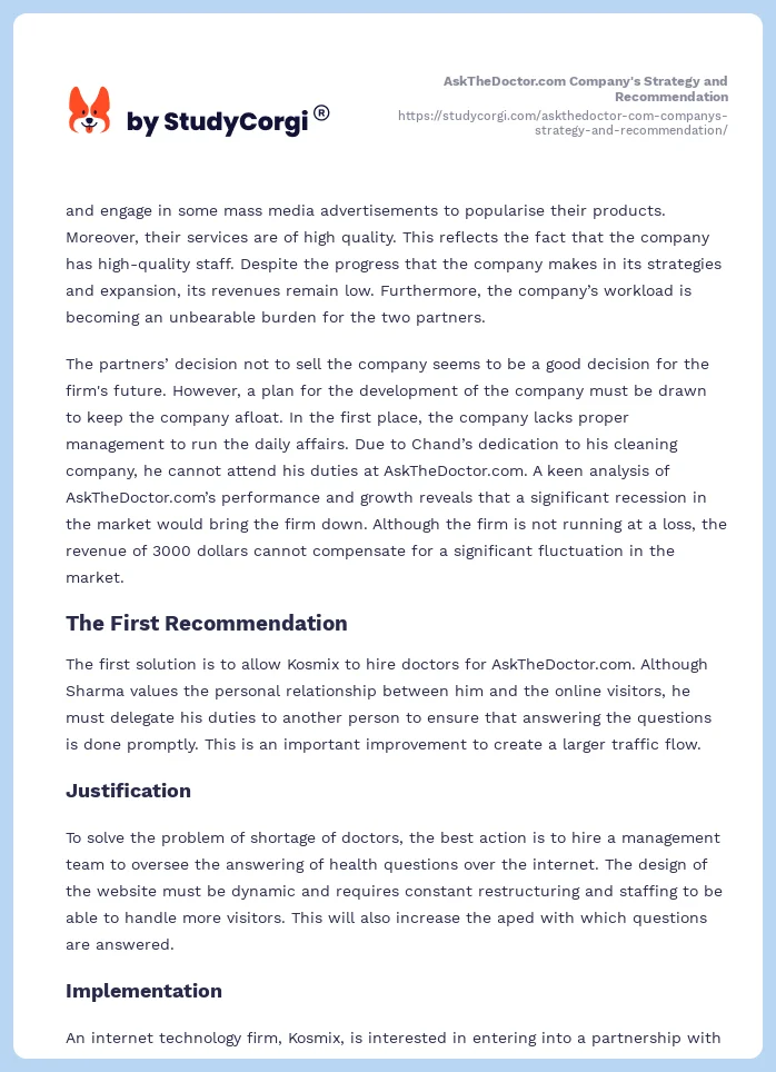 AskTheDoctor.com Company's Strategy and Recommendation. Page 2