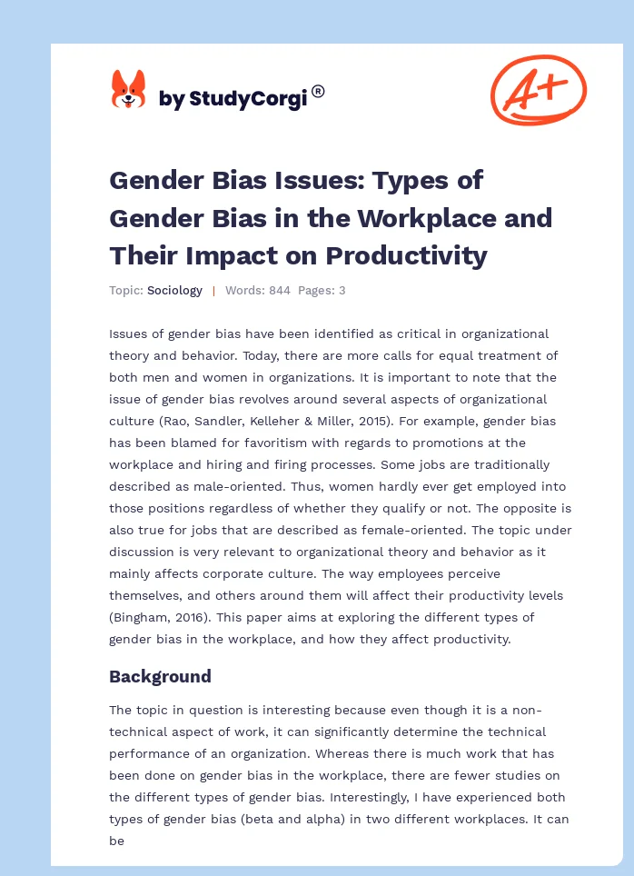 Gender Bias Issues: Types of Gender Bias in the Workplace and Their Impact on Productivity. Page 1