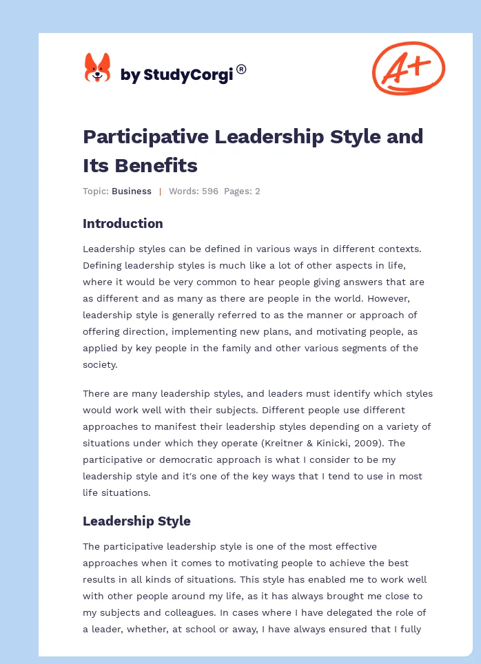 Participative Leadership Style and Its Benefits. Page 1