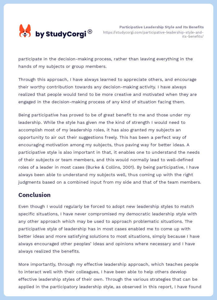 Participative Leadership Style and Its Benefits. Page 2
