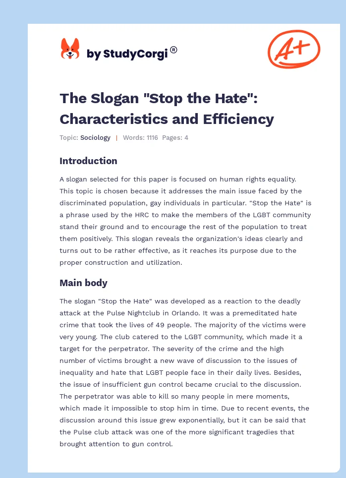 The Slogan "Stop the Hate": Characteristics and Efficiency. Page 1