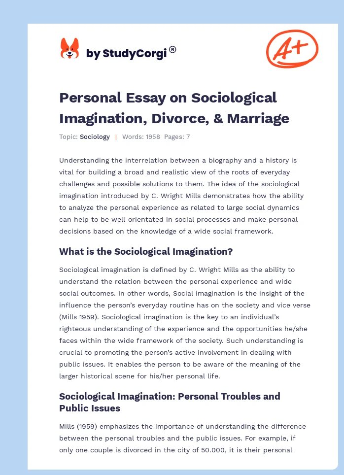 Personal Essay on Sociological Imagination, Divorce, & Marriage. Page 1