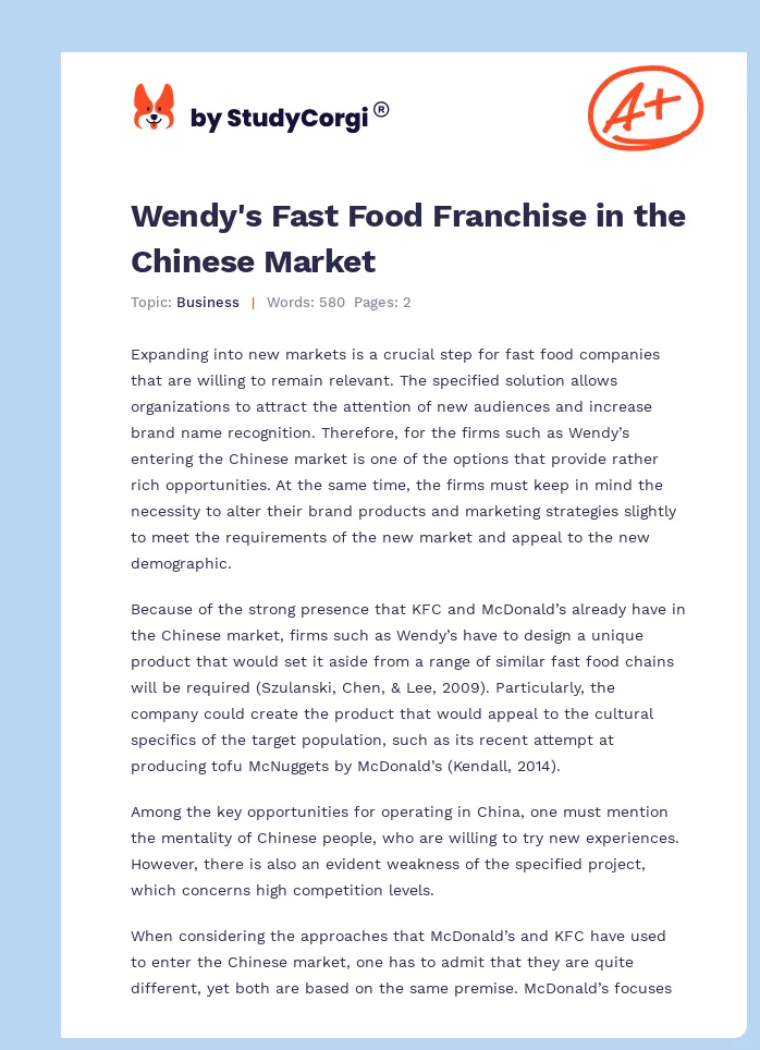Wendy's Fast Food Franchise in the Chinese Market. Page 1