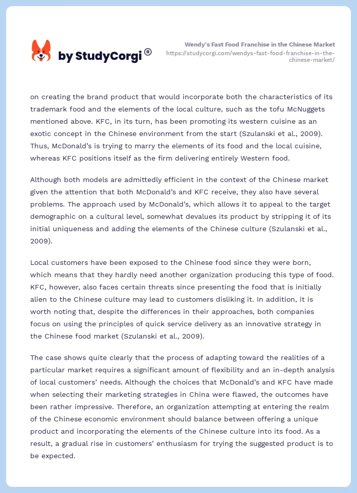 Wendy's Fast Food Franchise in the Chinese Market. Page 2