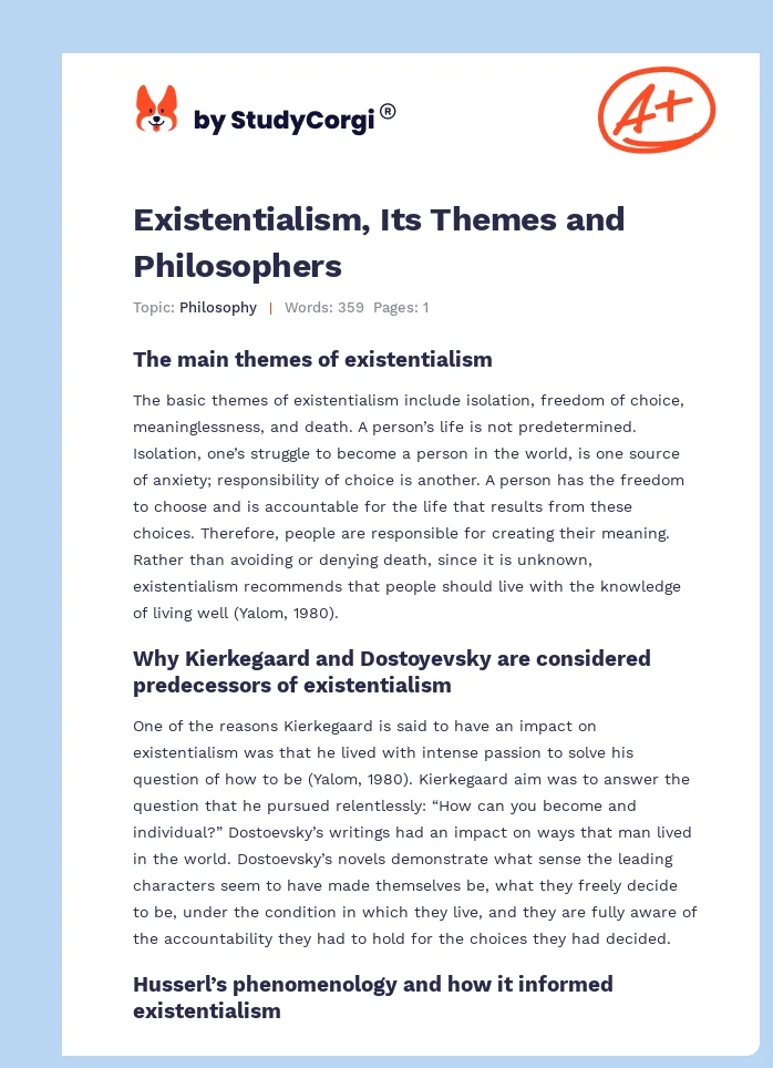 Existentialism, Its Themes and Philosophers. Page 1