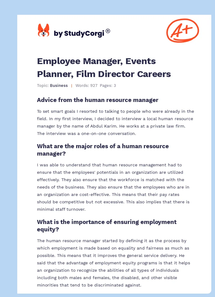 Employee Manager, Events Planner, Film Director Careers. Page 1