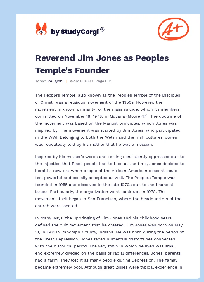 Reverend Jim Jones as Peoples Temple's Founder. Page 1