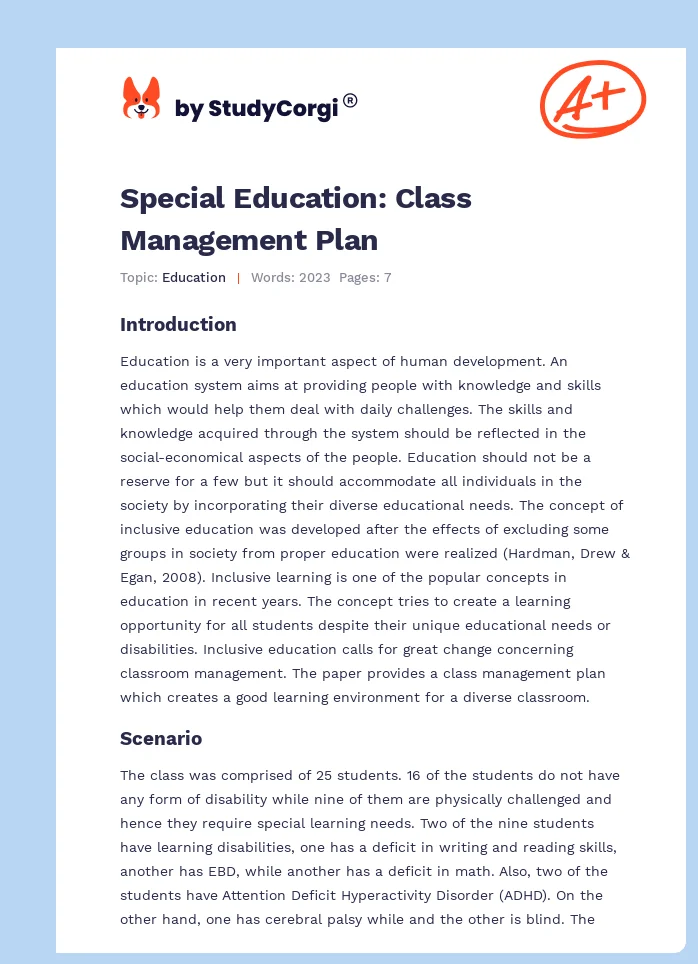 Special Education: Class Management Plan. Page 1