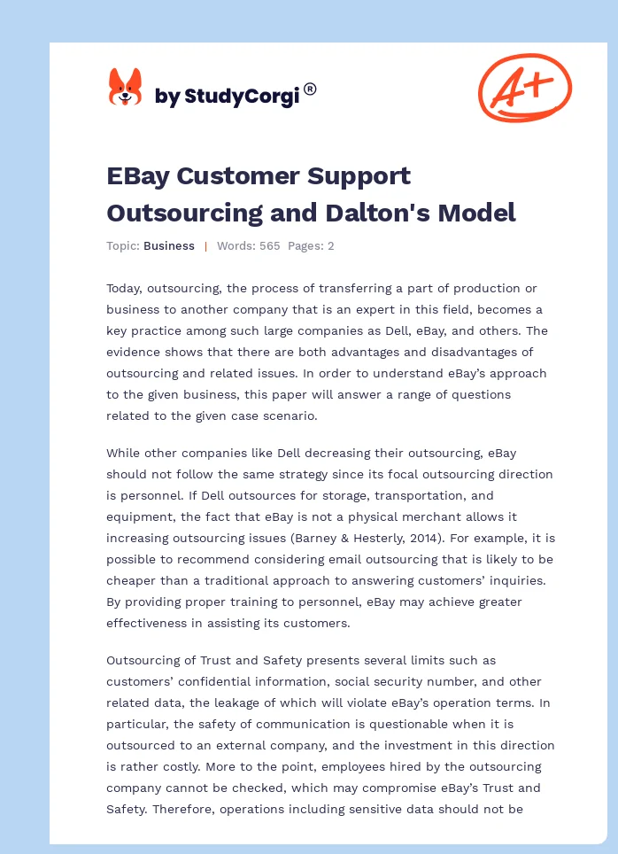 EBay Customer Support Outsourcing and Dalton's Model. Page 1