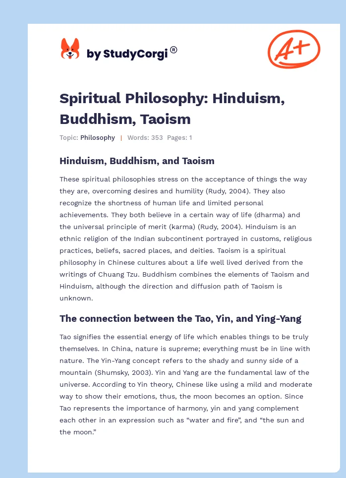 Spiritual Philosophy: Hinduism, Buddhism, Taoism. Page 1