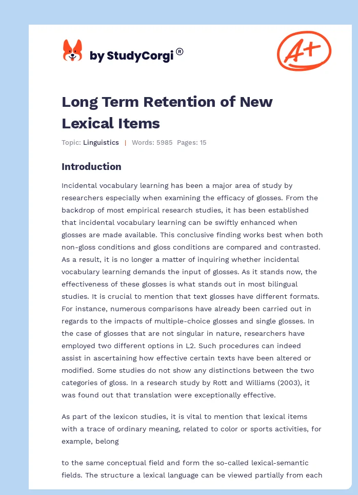 Long Term Retention of New Lexical Items. Page 1
