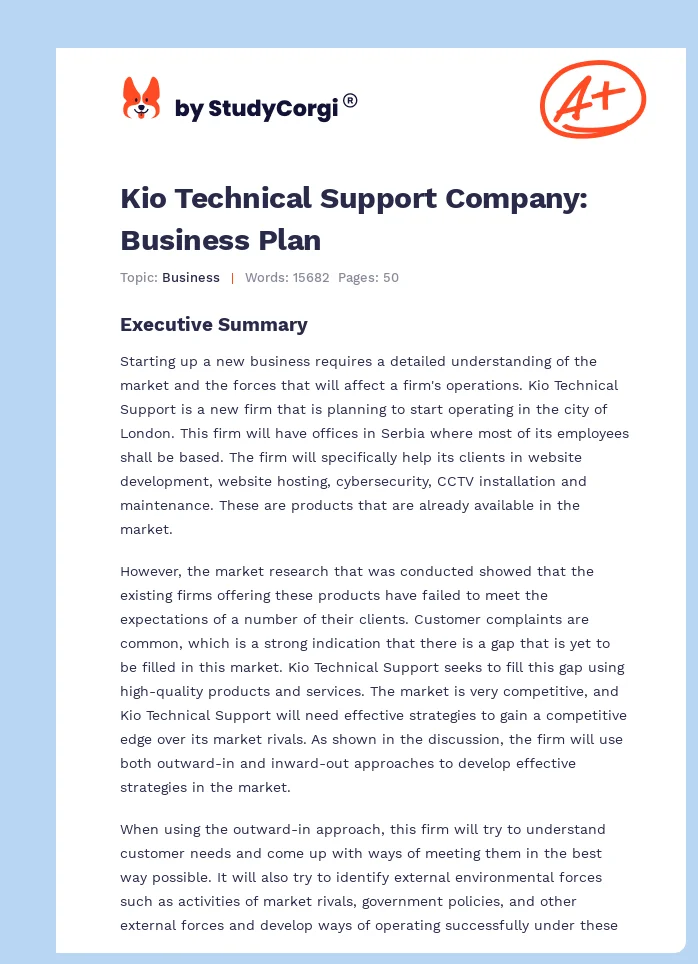 Kio Technical Support Company: Business Plan. Page 1